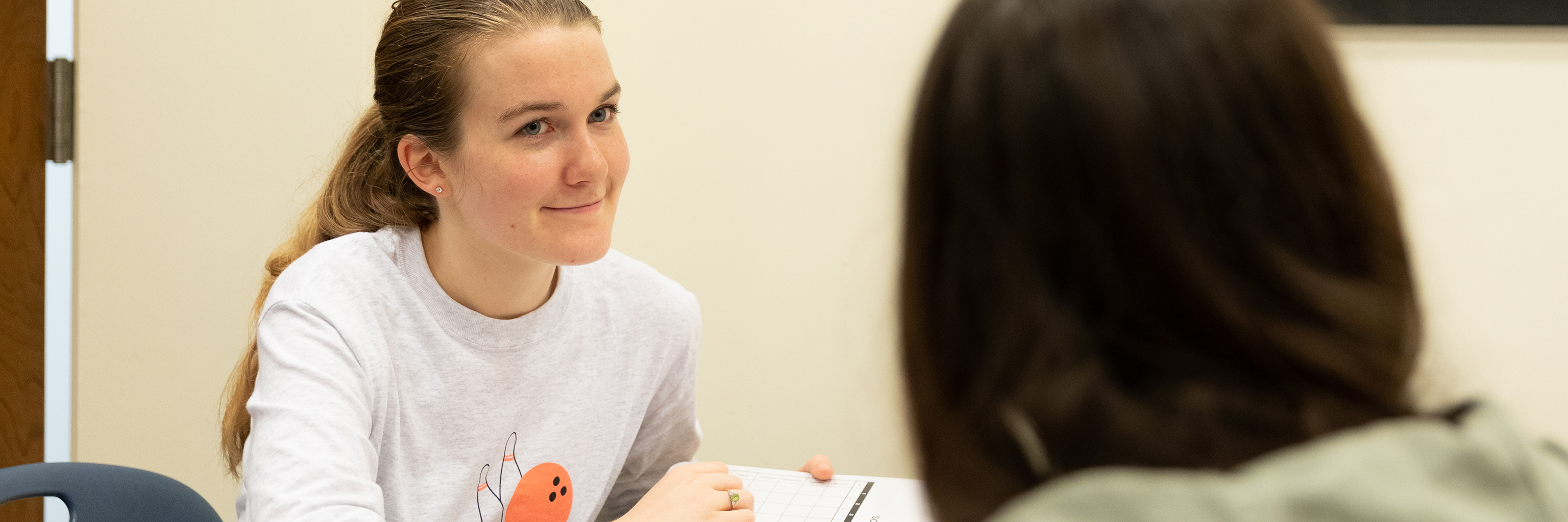 Department of Speech and Hearing Sciences students chat in lab.